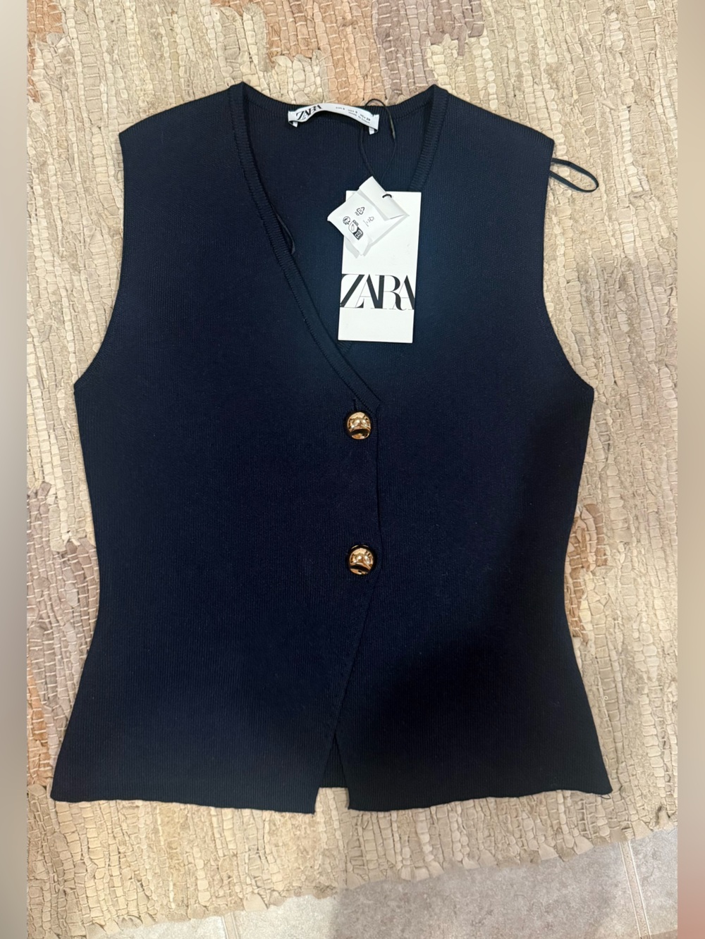 Zara Navy Sleeveless V-Neck Button Knit Top small - Picture 2 of 3